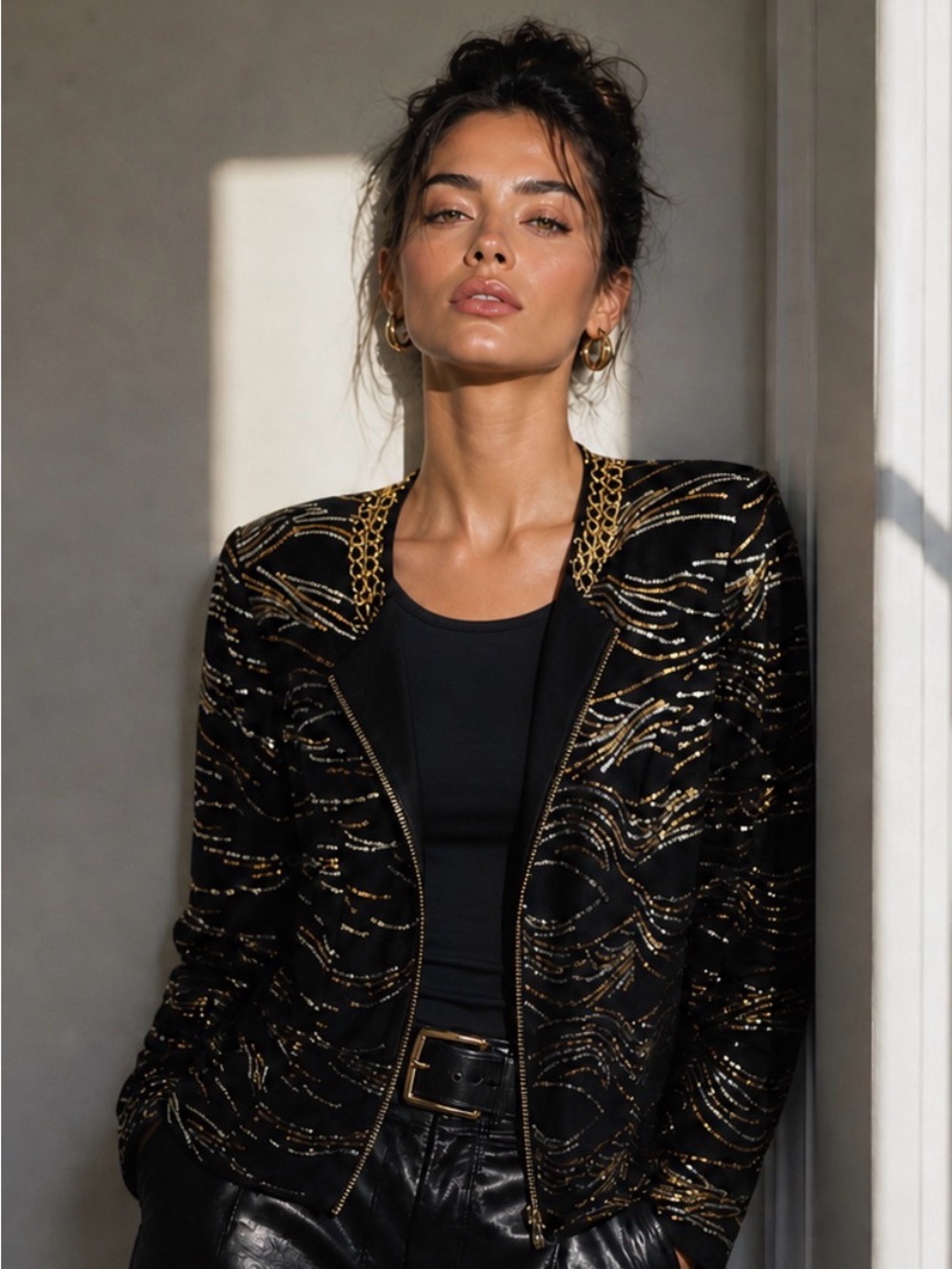 J.B.S. Black Jacket/ Blouse With Gold & Silver Sequin & Chain Detailing